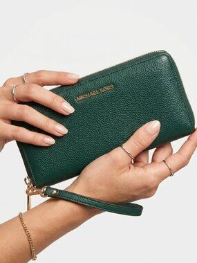 Michael Kors Large Pebbled Leather Zip Around Continental Wallet Green